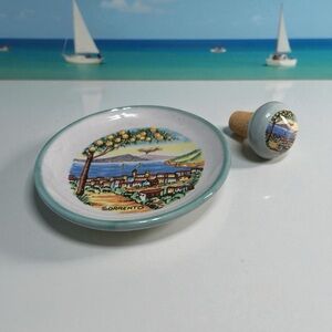 Hand Painted Ceramic Sorrento Italy Souvenir Wine Stop Cork Trinket Dish 5” Diam